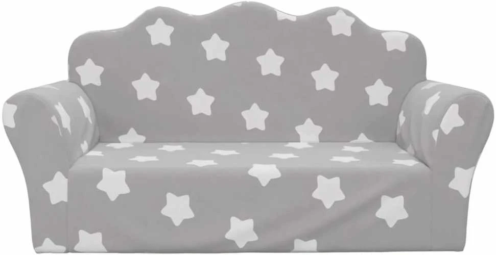 Vaikiška dvivietė sofa, pilka, minkštas pliušas, su žvaigždėmis