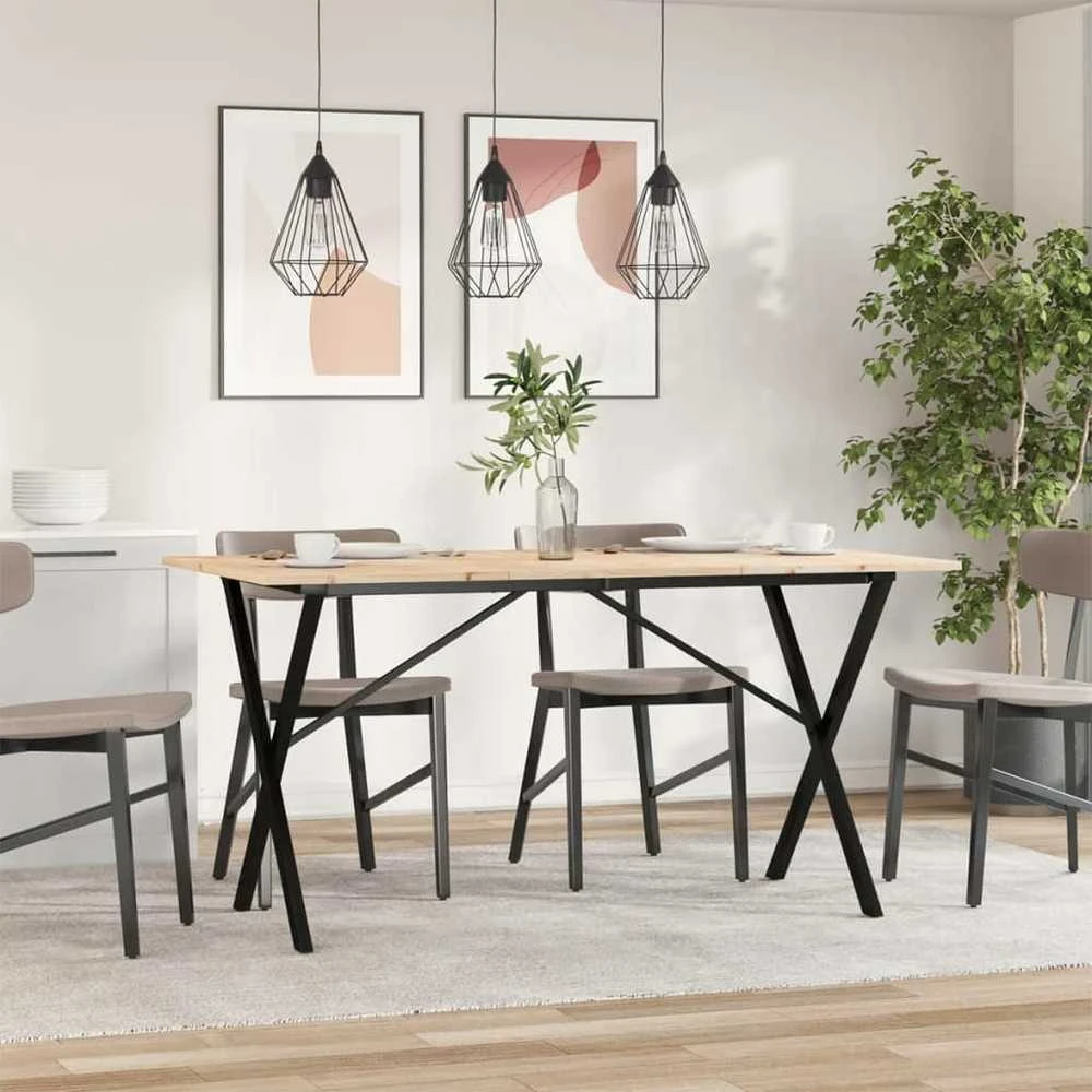 Valgomojo stalas, 160x80x75cm, pušis ir plieno, X formos rėmas
