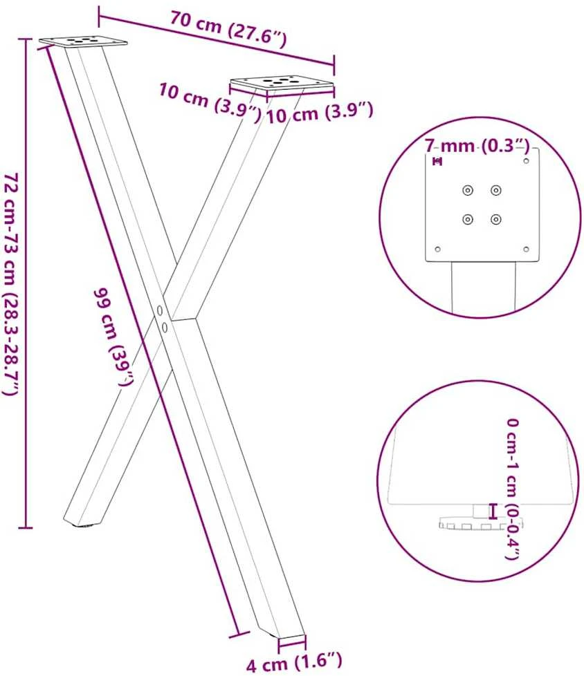 Valgomojo stalo kojos, X formos, 2 vnt., antracito spalvos, 70x(72-73) cm, plienas