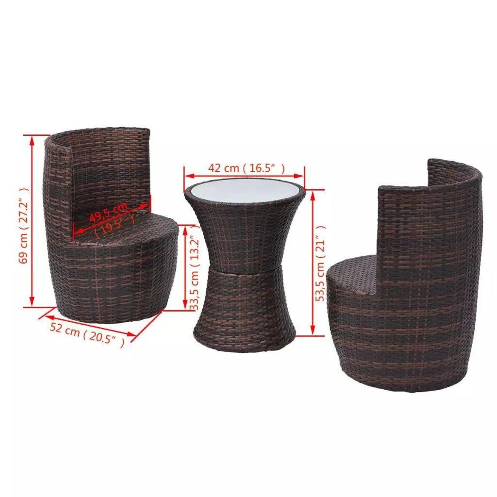 Lauko baldų komplektas Bistro baldų komplektas su pagalvėlėmis, 3d., poliratanas, rudas