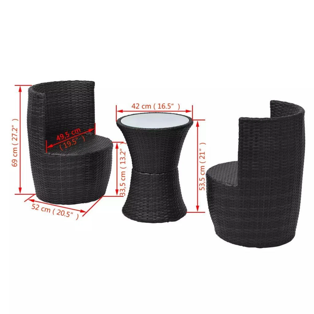 Lauko baldų komplektas Bistro baldų komplektas su pagalvėmis, 3d., juodas, polirat.