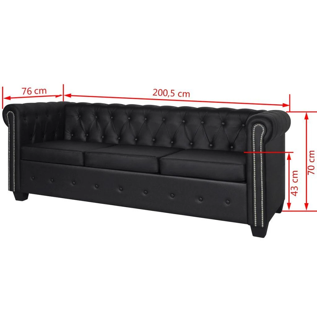 Sofa Chesterfield dvivietė ir trivietė sofos, juodos, dirbtinė oda
