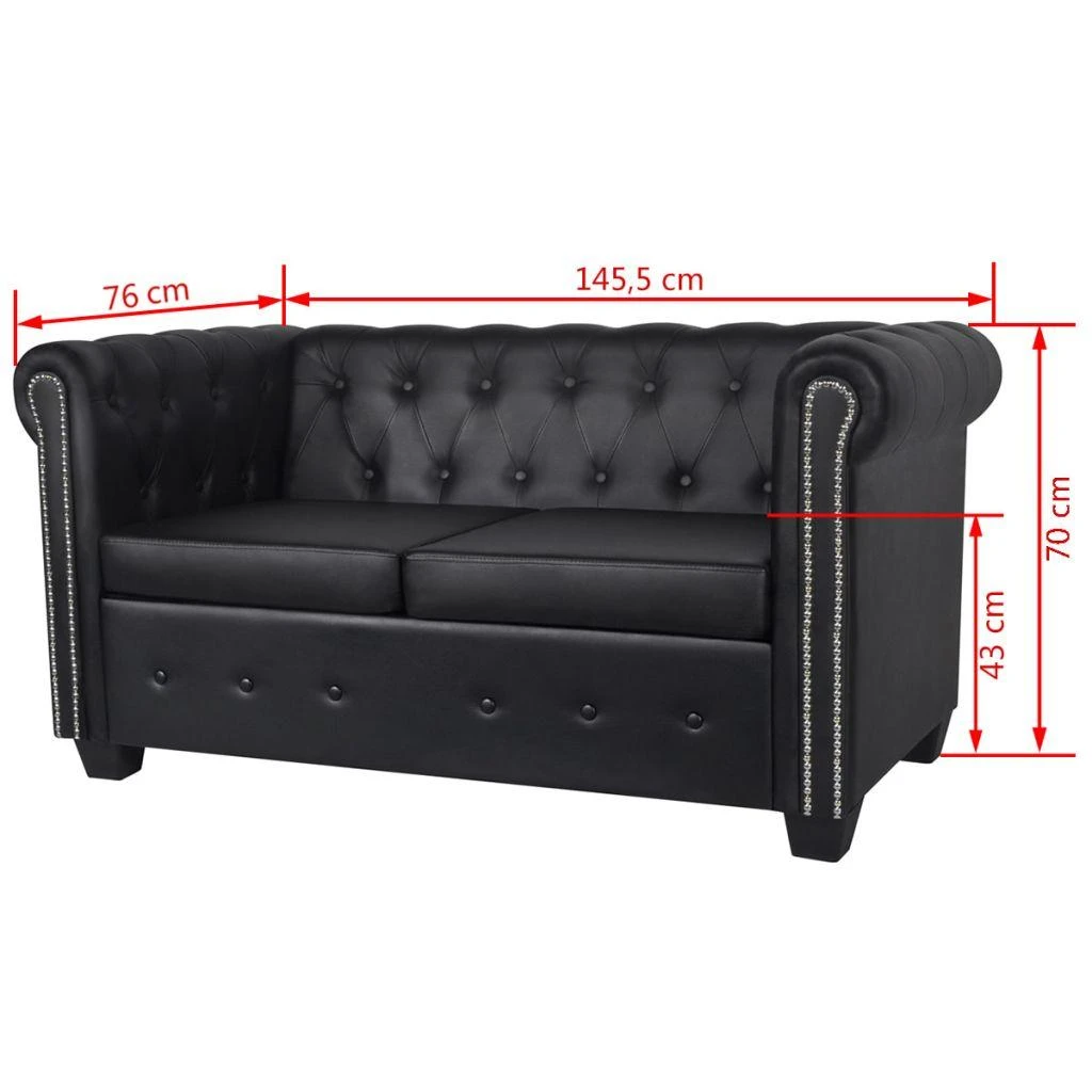 Sofa Chesterfield dvivietė ir trivietė sofos, juodos, dirbtinė oda