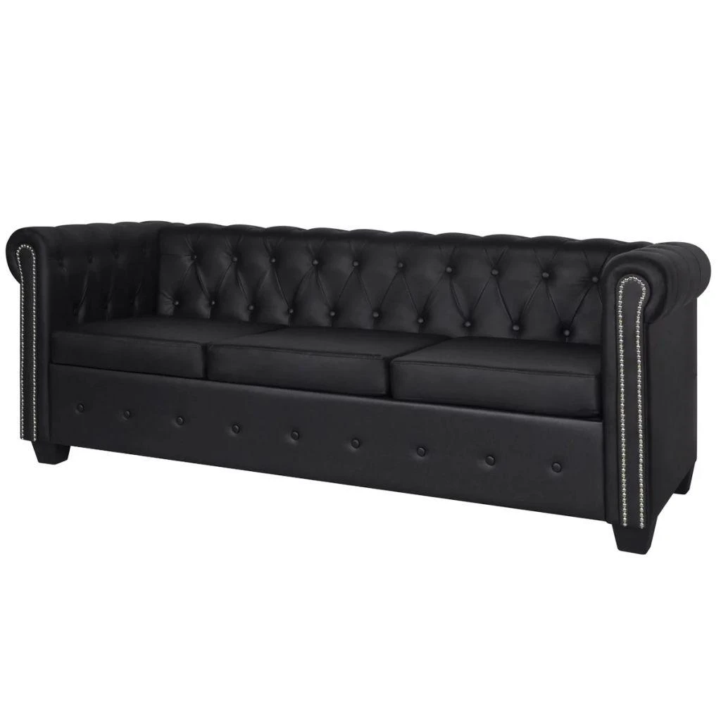Sofa Chesterfield dvivietė ir trivietė sofos, juodos, dirbtinė oda