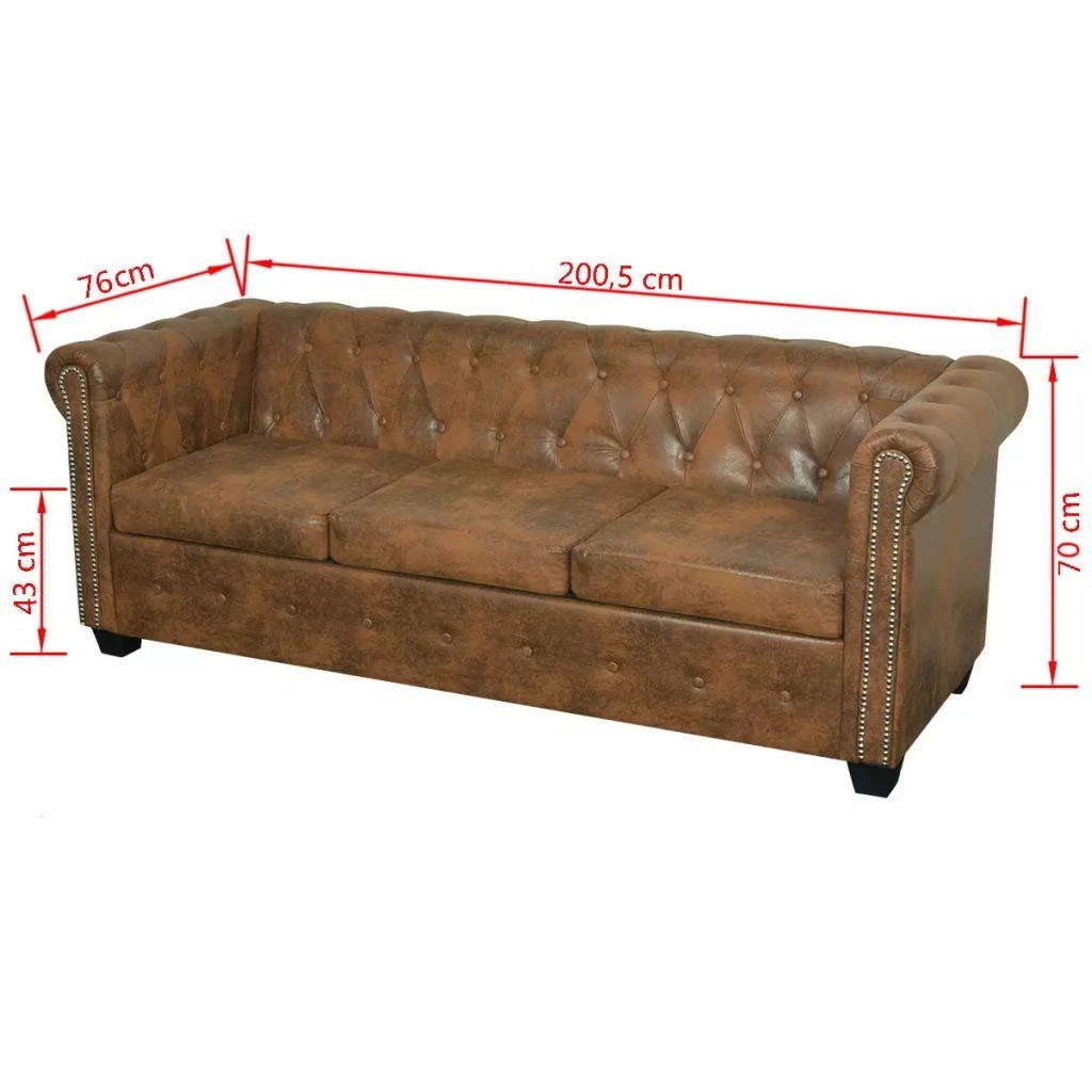Chesterfield trivietė sofa, dirbtinė oda, ruda