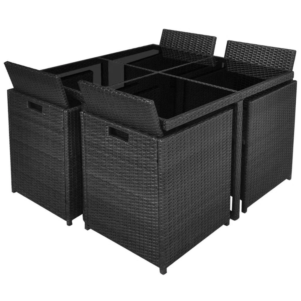 Lauko baldų komplektas Lauko valgomojo baldų kompl. su pagalv., 9d., juod., polirat.