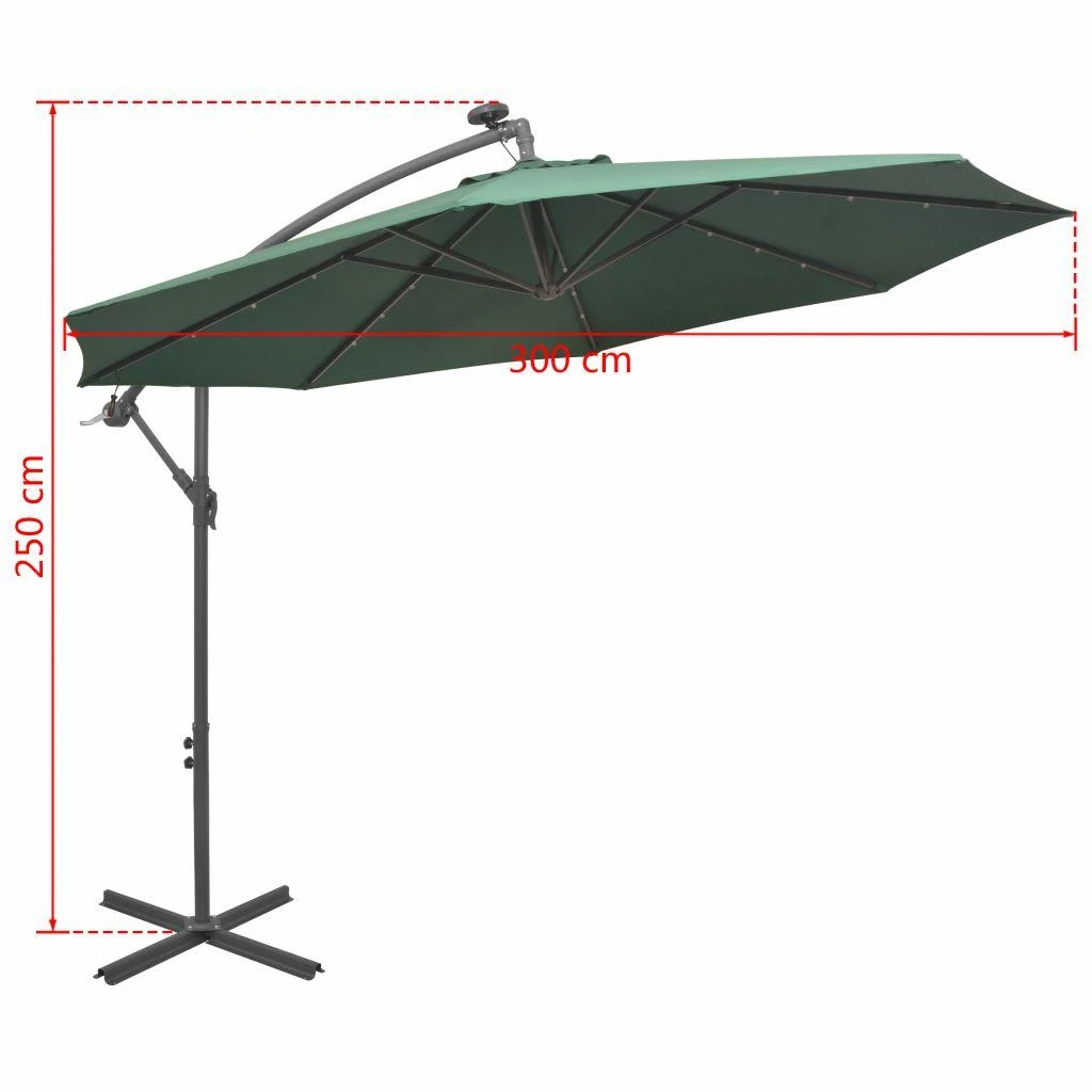 Pakabinamas skėtis su LED, žalias, 300cm, metalinis kotas