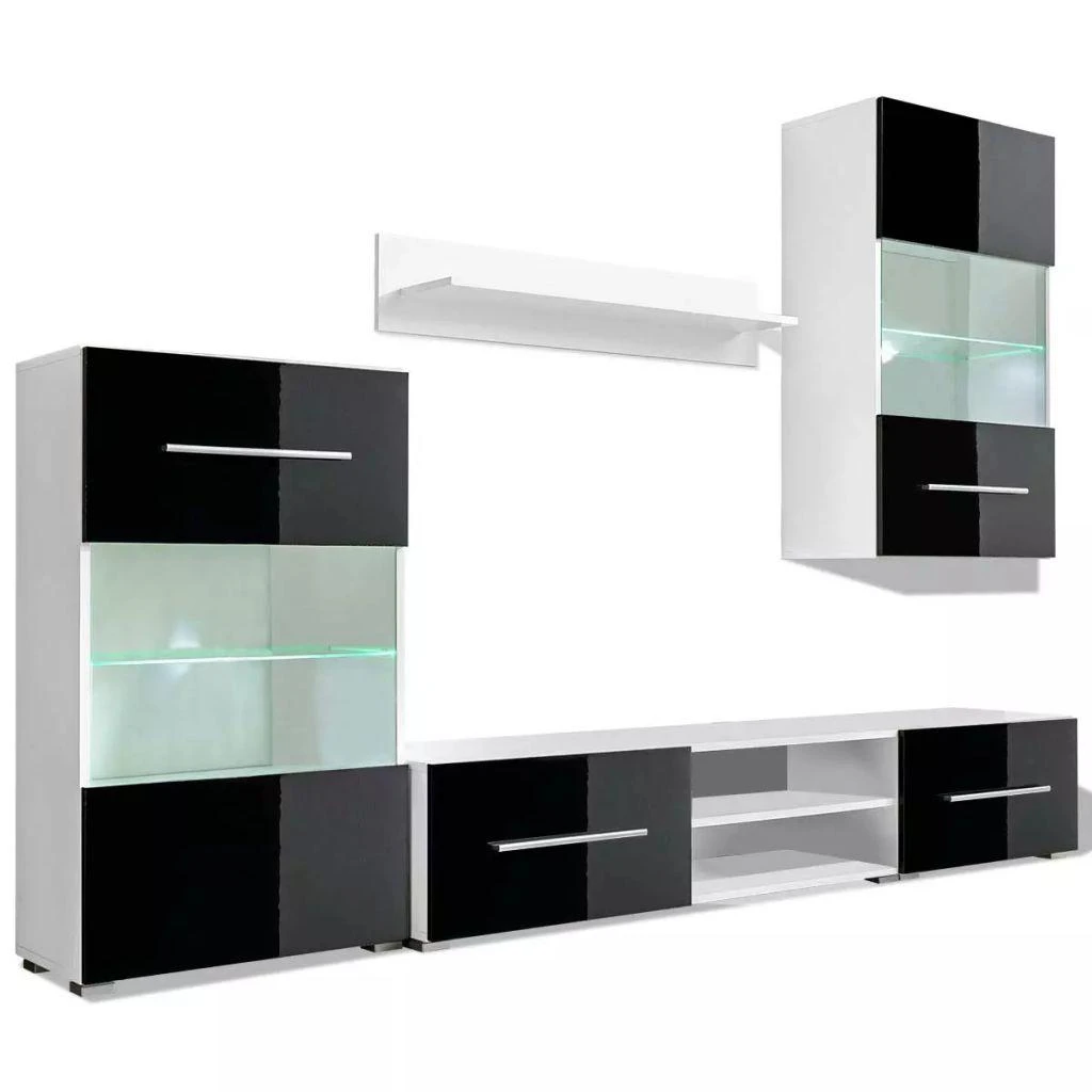 TV staliukas Sieninė televizoriaus spintelė su LED apšvietimu, 5d., juoda