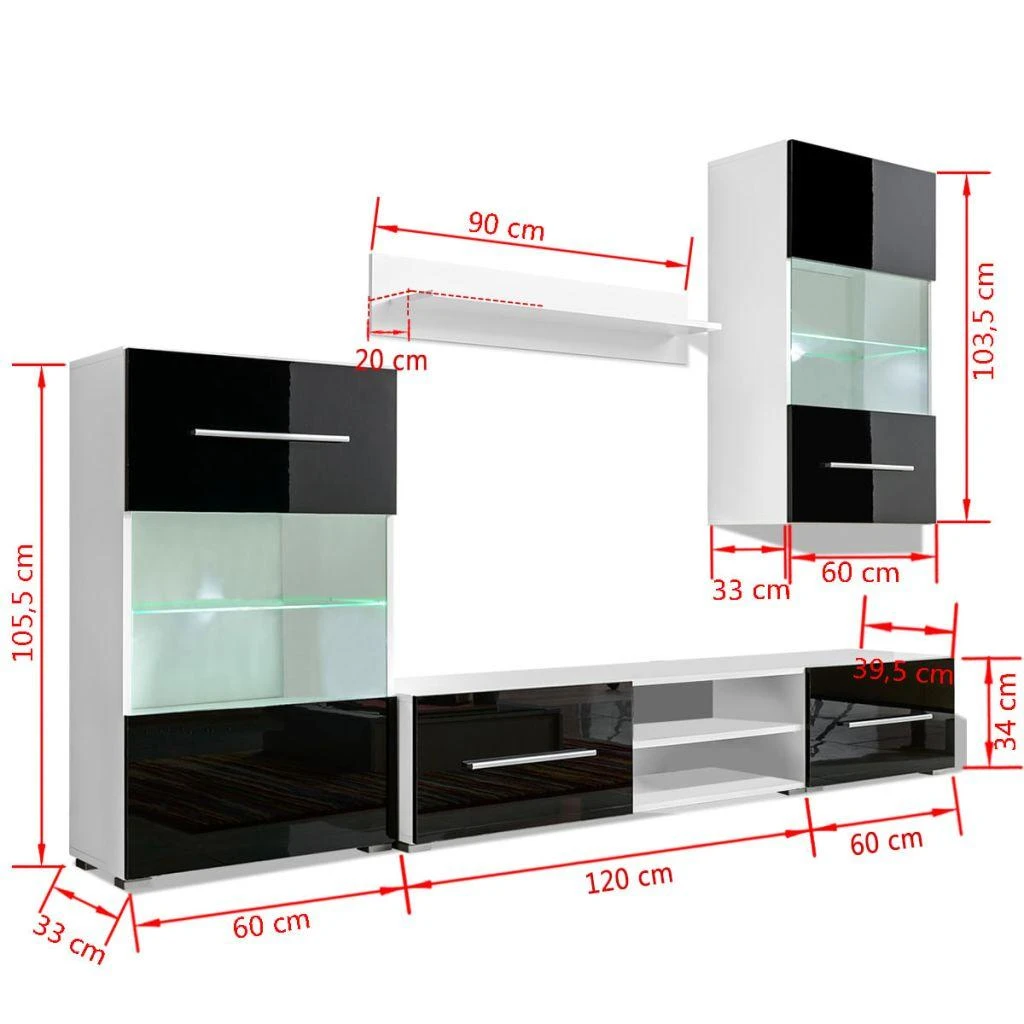 TV staliukas Sieninė televizoriaus spintelė su LED apšvietimu, 5d., juoda