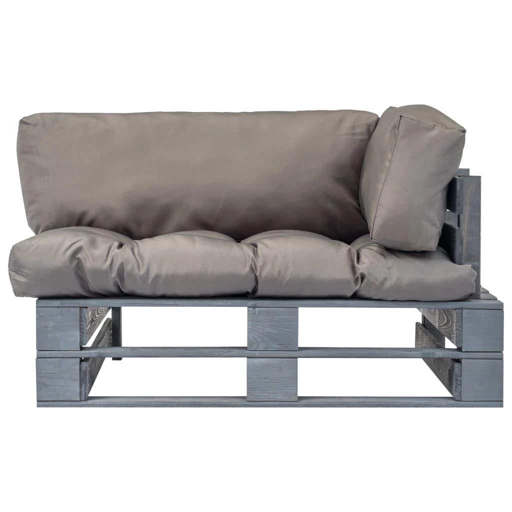 Sodo sofa iš palečių su pilkomis pagalvėlėmis, pušies mediena