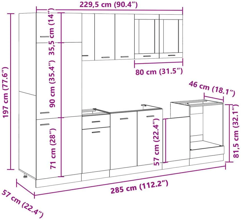 Virtuvės spintelių komplektas, 8 dalių, “Lyon", ąžuolo