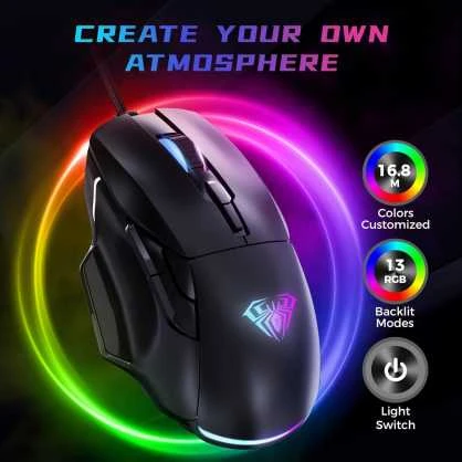 Aula F815 RGB Vadu USB Spēļu Pele ar 7 Pogām / Makro 12800dpi Melna