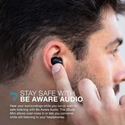 Jlab JBuds Mini True Belaidės Earbuds - juodos Bluetooth ausinės, integruotas mikrofonas