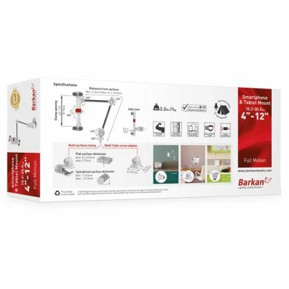 Laikiklis Barkan Portable, Foldable-Arm, Multi-Position Išmanusis telefonas & Planšetė Mount T580 Other, Full motion, 4-12 ", Baltas