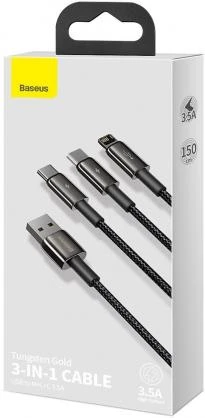 USB kabelis 3in1 Baseus Tungsten Gold USB micro USB / USB-C / Lightning 3.5A 1.5m - Juodas