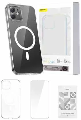 Telefono dėklas Baseus Magnetic Crystal Clear, skirtas iPhone 13 (skaidrus) su viso grūdinto stiklo ekrano apsauga ir valymo rinkiniu