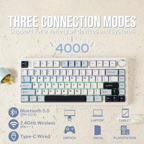 Mechaninė belaidė žaidimų klaviatūra Aula F75 White Reaper Switch, su RGB apšvietimu, EN / RU išdėstymas aprašymas - Prekės nuotrauka