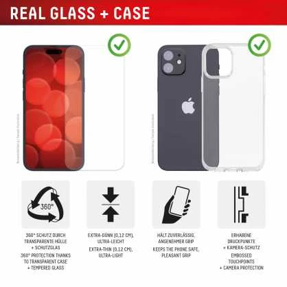 Apple iPhone 16 tikras ekrano stiklas + dėklas, pagamintas „Displex“, skaidrus