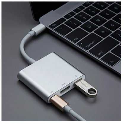 iLike HD1 3in1 USB-C (Type-C) Ligzdas uz HDMI 4K / USB 3.0 / USB-C Siev. Audio & Video Kabeļa Adapteris Sudraba (OEM)