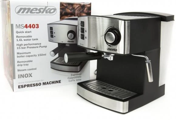 Kavos aparatas Mesko | Espresso Aparatas | MS 4403 | Slėgis 15 bar | Su pieno plakikliu | Semi-automatinis | 850 W | Nerūdijantis plienas/Juodas