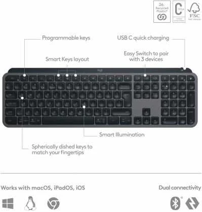 Belaidė klaviatūra Logitech MX Keys S, Išdėstymas: Šiaurės šalių (Qwerty)