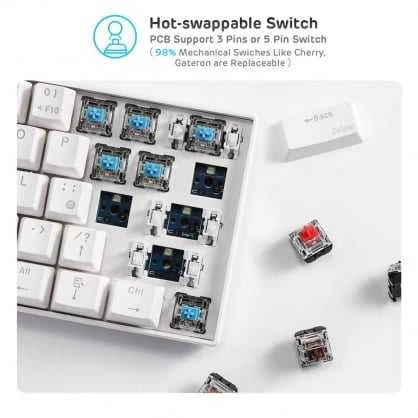 Royal Kludge RK61 klaviatūra | 60%, Hot-swap, Raudona Switches, US, balta