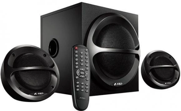 Kompiuterio kolonėlės Fenda F&D A111X 2.1 daugialypės terpės garsiakalbiai, 35 W RMS (11 Wx2 + 13 W), 2x4 colių palydovai + 4 colių žemųjų dažnių garsiakalbis, BT 5.0 / AUX / USB / FM / nuotolinio valdymo pultas / medinis / Juodas