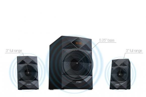 Kompiuterio kolonėlės Fenda F&D A180X 2.1 daugialypės terpės garsiakalbiai, 42W RMS (14Wx2+14W), 2x3'' palydovai + 5,25'' žemųjų dažnių garsiakalbis, BT 5.0/AUX/USB/FM/LED Ekranas/Nuotolinio valdymo pultas/Medinis/Juodas