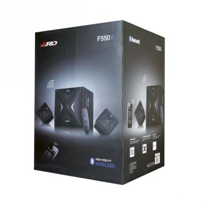 Kompiuterio kolonėlės Fenda F&D F550X 2.1 daugialypės terpės garsiakalbiai, 56 W RMS (14 Wx2 + 28 W), 2x3 colių palydovai + 6,5 colio žemųjų dažnių garsiakalbis, BT 5.0 / NFC / AUX / USB / FM / SD kortelių skaitytuvas / kelių spalvų LED / LED Ekranas / nuotolinio valdymo pultas /Medinis/Juodas