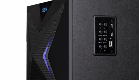 Kompiuterio kolonėlės Fenda F&D F550X 2.1 daugialypės terpės garsiakalbiai, 56 W RMS (14 Wx2 + 28 W), 2x3 colių palydovai + 6,5 colio žemųjų dažnių garsiakalbis, BT 5.0 / NFC / AUX / USB / FM / SD kortelių skaitytuvas / kelių spalvų LED / LED Ekranas / nuotolinio valdymo pultas /Medinis/Juodas