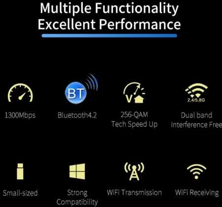 „Comfast WiFi“, „Bluetooth“ USB adapteris, 1300 Mbps, 2,4 GHz, 5 GHz