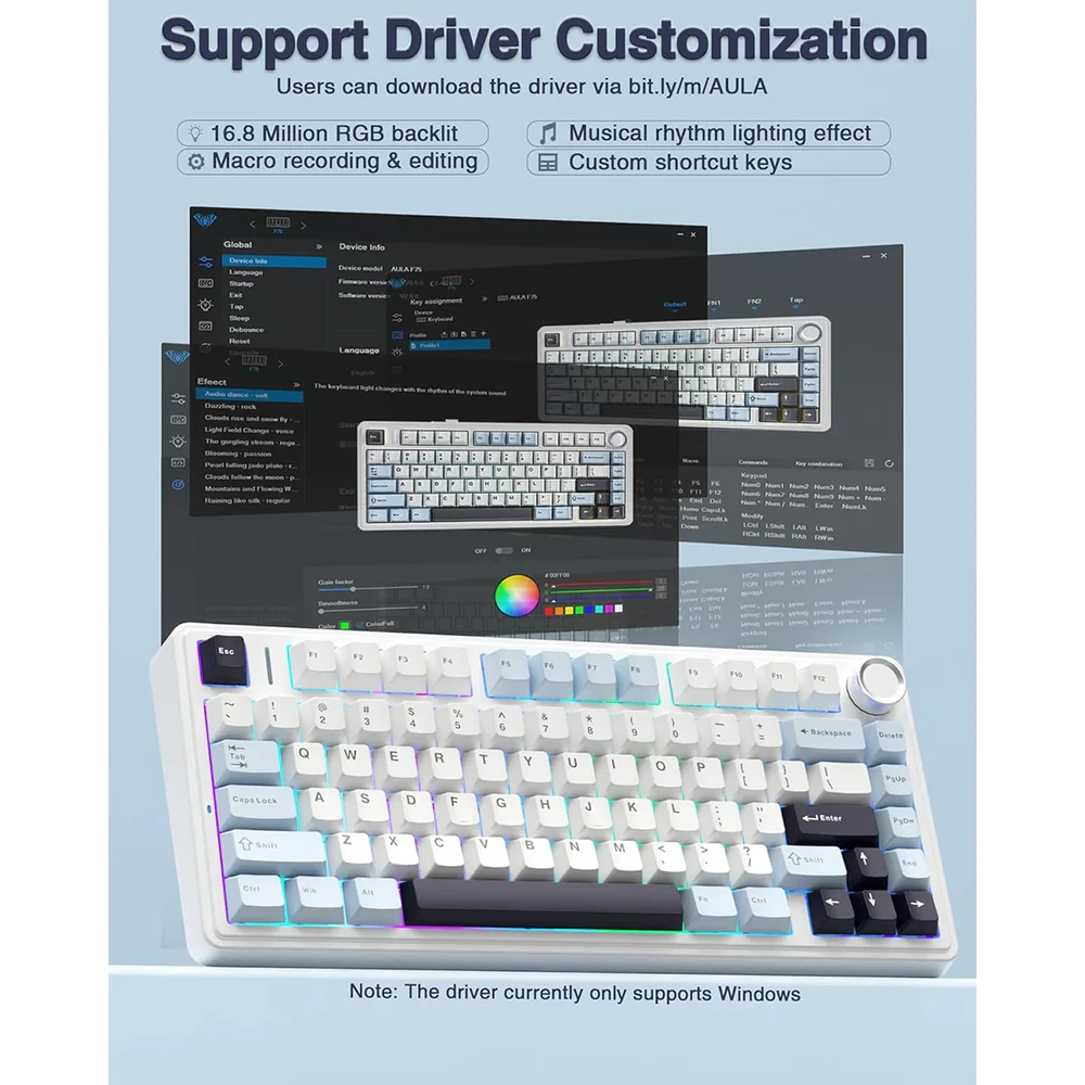 Mechaninė belaidė žaidimų klaviatūra Aula F75 White Reaper Switch, su RGB apšvietimu, EN / RU išdėstymas