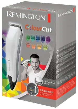 Remington Colourcut plaukų kirpimo mašinėlė HC5035 laidinė, įkraunama, Šiame 16 dalių rinkinyje yra 8 spalvų kreipiančiosios šukos, Baltas