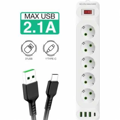 Transcend Riff F25U 2m pagarinātājs ar 3 Ligzdām + 3 USB + 1 USB-C