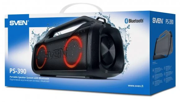 SVEN PS-390, juodas, power output 2x25W (RMS), Atsparus vandeniui (IPx5), TWS, Bluetooth, Micro SD, lithium battery, SV-021306