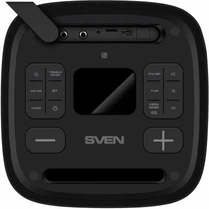Nešiojamas garsiakalbis SVEN PS-950, juodas, galia 2x80W (RMS), TWS, Bluetooth, IPx4, FM, USB, Micro SD, LED ekranas, ličio baterija