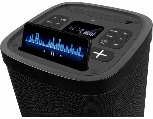 Nešiojamas garsiakalbis SVEN PS-950, juodas, galia 2x80W (RMS), TWS, Bluetooth, IPx4, FM, USB, Micro SD, LED ekranas, ličio baterija