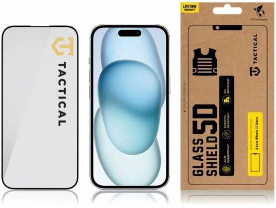 Tactical apsauginis stiklas Shield 5D skirtas Apple iPhone 15 su juodos spalvos krašteliu
