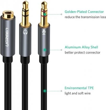 Audio kabelis UGREEN 3.5mm lizdas - 2xkištukas - Juodas