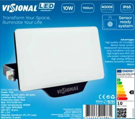 Visional LED Lukturs 10W Neitrāla Balta 1100lm 4000K IP65 SMD2835 12xLED PF>0.9 EEI:E