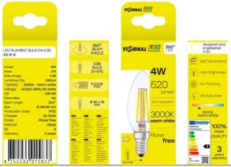 Visional C35 LED Filament Bulb E14 4W 3000K 520lm Caurspīdīga Stikla 220–240V RA>80