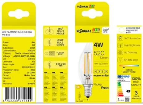 Visional C35T LED filamentu spuldze E14 4W 3000K 520lm caurspīdīgs stikls 220–240V RA>80