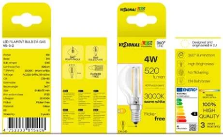 Visional G45 LED Filamentu Spuldze E14 4W 3000K 520lm Caurspīdīga Stikla 220–240V RA>80