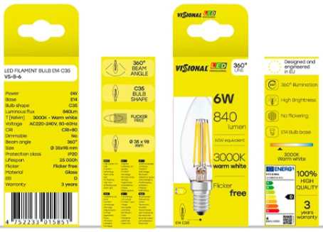 Visional C35 LED kaitrinė lemputė E14 6W 3000K 840lm skaidraus stiklo 220–240V RA>80
