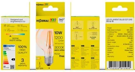 Visional G95 LED Filament Spuldze E27 10W 3000K 1200lm Skaidrs Stikls 220–240V RA>80