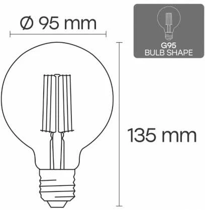 Visional G95 LED Filament Spuldze E27 10W 3000K 1200lm Skaidrs Stikls 220–240V RA>80