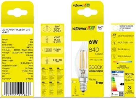 Visional C35T LED Filament spuldze E14 6W 3000K 840lm Caurspīdīga stikla 220–240V RA>80