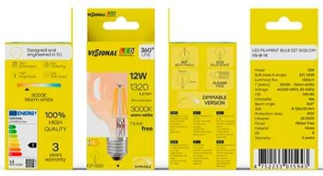 Visional G125 LED Filament Spuldze E27 12W 3000K 1320lm Dimmerama Dzintara Stikls 220–240V RA>80