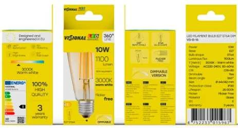 Visional ST64 LED Filament spuldze E27 10W 3000K 1100lm dzintara stikls regulējama 220–240V RA>80