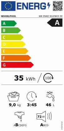 Whirlpool Skalbimo mašina | W8 99AD SILENCE EE | Energy efficiency class A | Front loading | Skalbimo talpa 9kg | 1400 RPM | Gylis 64.3 cm | Plotis 59.9 cm | LCD | Steam function | Direct drive | Baltas